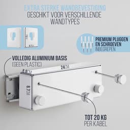 Uittrekbare Waslijn - Wandwaslijn Drooglijn - Ruimte Besparen - Dubbele Stalen Kabels - 2 x 42 m - Grijs — thumbnail 5