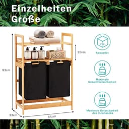 Wasmand van bamboeframe, wasverzamelaar met 2 planken, met 2 uittrekbare waszakken, geschikt voor slaapkamer, badkamer en waskeuken, 93 x 64 x 33 cm, zwart — thumbnail 3