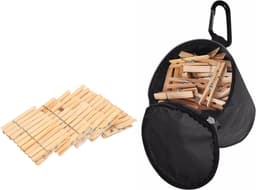 Wasknijpers tasje met haak en 100 stuks houten wasknijpers - Was ophangen - handige huishouden artikelen — thumbnail 1