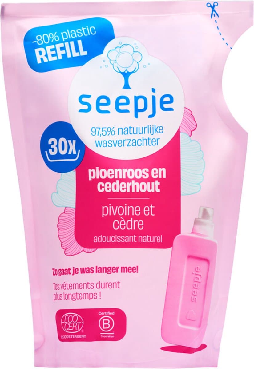 Seepje Wasverzachter Navulling Pioenroos en Cederhout 30 Wasbeurten - 750 ml — afbeelding 1