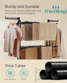 Grote droogrek, opvouwbaar droogrek voor kleding, 4-laags, verplaatsbaar droogrek, 63,5 x 128 x 173 cm, roestvrij staal, opvouwbare vleugels, binnen- en buitengebruik, inktzwart — thumbnail 2