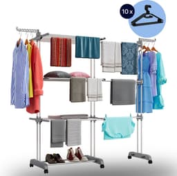Inklapbaar Droogtoren – uitschuifbaar Wasrek – verplaatsbaar – 4 Verdiepingen – Wastoren Staand – Droogrek op Wielen - Grijs - Gratis kledinghangers — thumbnail 1