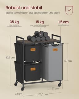 FurnStar Wasmand 3 Vakken – Wasverzamelaar met Rollen en Plank – 100L – Wassorteerder met 6 Etiketten – Kleine Zijzakken – 68,6 x 33 x 80,5 cm – Kastanjebruin, Inktzwart, Duifgrijs — thumbnail 4