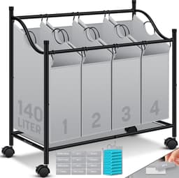 KESSER® Wasmand op Wieltjes met 4 Uitneembare Vakken - Wassorteerder Waszak - Grijs — thumbnail 1
