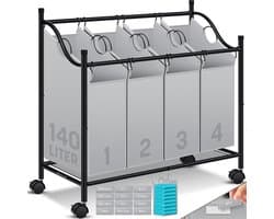 KESSER® Wasmand op Wieltjes met 4 Uitneembare Vakken - Wassorteerder Waszak - Grijs