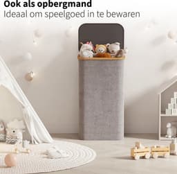 Smalle Wasmand met Deksel en Waszak - 60L - Smal - Wasmand - Opvouwbaar - Opbergmand - Linnen - Grijs — thumbnail 5