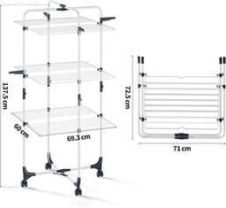 DailySupplies® Wasrek Inklapbaar op Wieltjes - Droogmolen - Droogtoren Staand - Wit — thumbnail 2