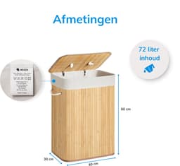ACAZA Wasmand Met Deksel - 72 - Bamboe - Wasbare Katoenen Waszak - Handvatten - 40 x 30 x 60 cm - Natuurlijk Bruin — thumbnail 2