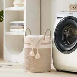 Wasmand/opbergmand van textieltouw, kinderwasmand, opbergmand met katoenen touwgreep, geschikt voor het opbergen van dekens, kleding en speelgoed, en is geschikt voor slaapkamers en wasruimtes,Stijl 2,Diameter 35 * Hoogte 45cm — thumbnail 2