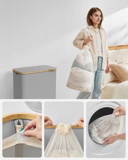 SONGMICS Wasmand met 2 vakken, 130 l, wasverzamelaar met deksel, opvouwbaar, uitneembare waszak, Oxford-weefsel, handgrepen van bamboe, inklapbaar, 52 x 38,5 x 70,5 cm, duifgrijs LCB513G01 — thumbnail 4