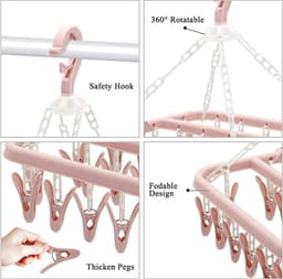Opvouwbaar hangend kledingrek met 32 klemmen - kleerhangers - kleerhangers kunststof - Multifunctioneel windbestendig droogrek - Droogrek voor sokken en ondergoed - roze — thumbnail 4