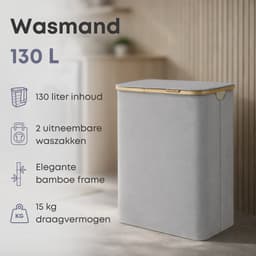 ACAZA Wasmand Met Deksel - 2 Vakken - 130 L - Bamboe - 52 x 38,5 x 70,5 cm - Grijs — thumbnail 2