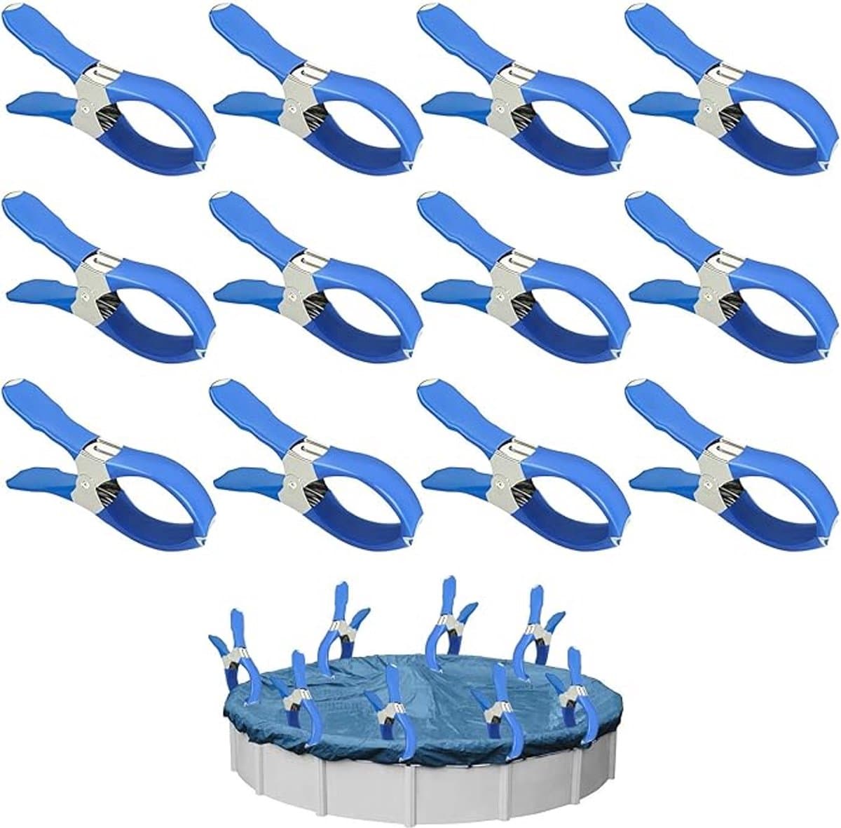 12 Stuks Zeilklemmen - Grote Roestvrijstalen Wasknijpers - Clips Voor Zwembadafdekkingen - Gordijnclips - Dekzeil Klemmen - Kledingclips Van Metaal - Geschikt Voor Het Drogen Van Dekbedden, Sokken, Kleding En Zwembadafdekkingen - Blauw — afbeelding 1