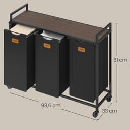 VASAGLE BLH223BH01 - Wasmand met Wieltjes - 3 Vakken - Met Opbergrek - 150 L Capaciteit — thumbnail 2