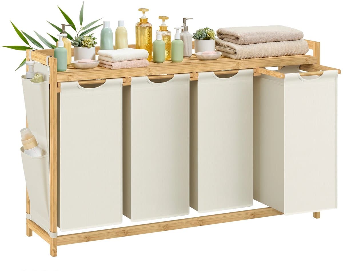 Wasmand 4 Vakken - Bamboe Laundry Sorter - 200L - Met Opbergplank & Zijvakken - Wit — afbeelding 1