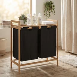 ACAZA Wasmand - 2 Vakken - Wassorteerder - 44 L - bamboe - 73,5 x 64, 5 x 33 cm - Zwart — thumbnail 4
