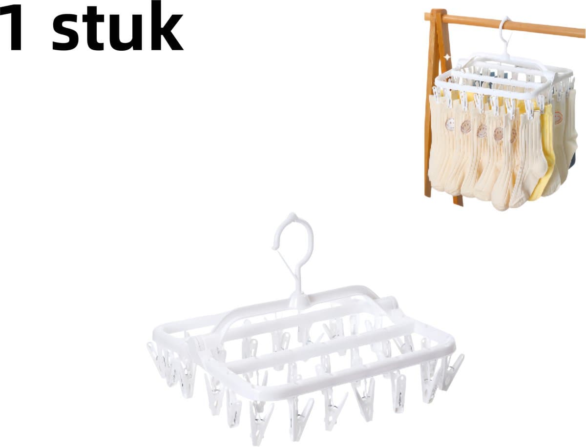 1 stuk - Wasknijpers - Opvouwbaar - 32 knijpers - Voor sokken en ondergoed - Draagbaar hangrek voor binnen/buiten - Wit — afbeelding 1