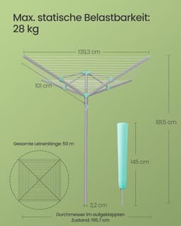 SONGMICS wasspin, wasrek, draaistang, opvouwbaar, buiten, tuin, met wasklemmen, beschermhoes, zilver, 50 m waslijn, voor 5 wasbeurten LLR307EZ01 — thumbnail 5