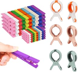 Set van 6 XL Strandlakenclips en 100 Houten Knijpers voor Strandstoel en Waslijn — thumbnail 1