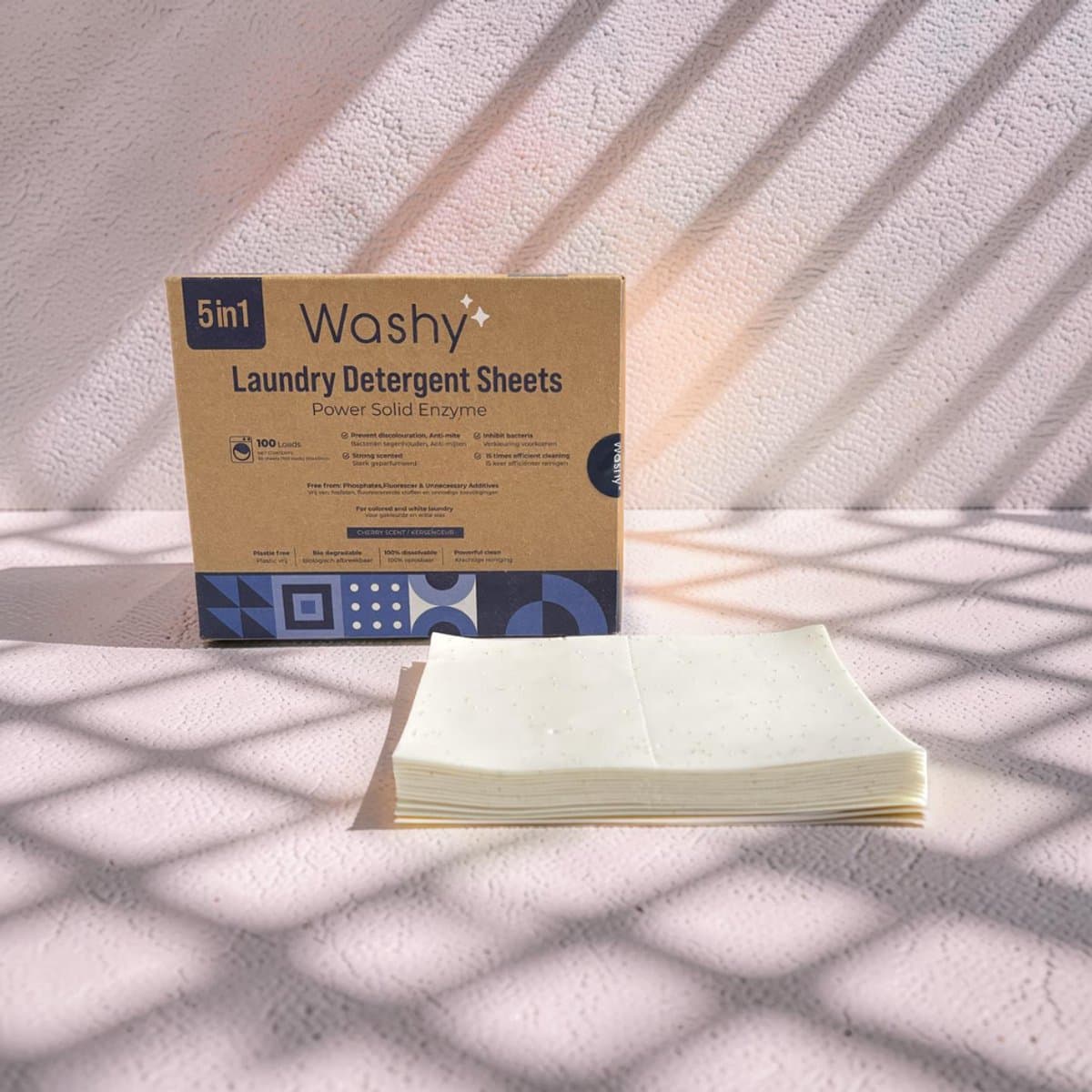 Washy Wasstrips Kersengeur- Wasmiddeldoekjes voor Witte, Gekleurde en Zwarte Was - Wasmiddel Strips - Eco Wasmiddel Vellen - Duurzame Laundry Strips (100 wasbeurten) — afbeelding 1
