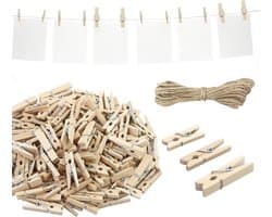 Allecto- Houten Mini Knijpers - Decoratief - 2,5/3/3,5 cm - Fotoklemmen - Jute Koord - Voor Foto's Ophangen - 165 stuks