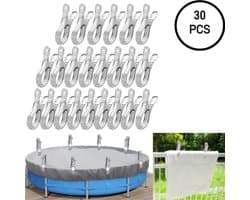 30 stuks - Winddichte clips van roestvrij staal - Clips voor zwembadafdekkingen - Gordijnclips - Kledingclips van metaal - Sterk en duurzaam - Roest niet snel - Zilver - 2*13cm - Geschikt voor balkon, zwembad, kledingkast