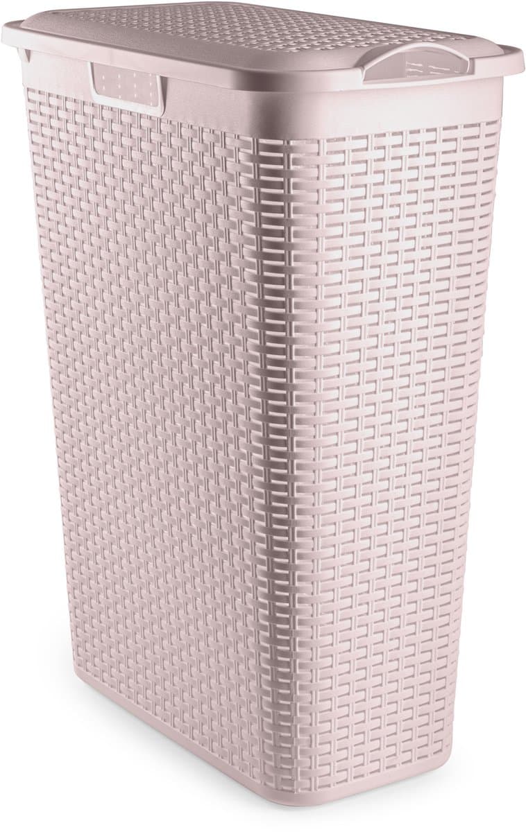 Plasticforte Smalle Wasmand met deksel Rotan - roze - gevlochten kunststof - 48 liter - 27 x 46 x 60 cm — afbeelding 1