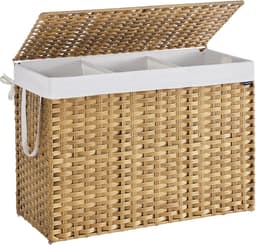 SONGMICS Wasmand 200 L, Kunststof Rattan Opbergmand met Deksel en Handgrepen, Wicker-look, Opvouwbaar, Uitneembare Voering, voor Dekens of Kleding in Woonkamer of Wasruimte – Naturel – Model LCB320Y01 — thumbnail 1