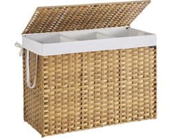 SONGMICS Wasmand 200 L, Kunststof Rattan Opbergmand met Deksel en Handgrepen, Wicker-look, Opvouwbaar, Uitneembare Voering, voor Dekens of Kleding in Woonkamer of Wasruimte – Naturel – Model LCB320Y01