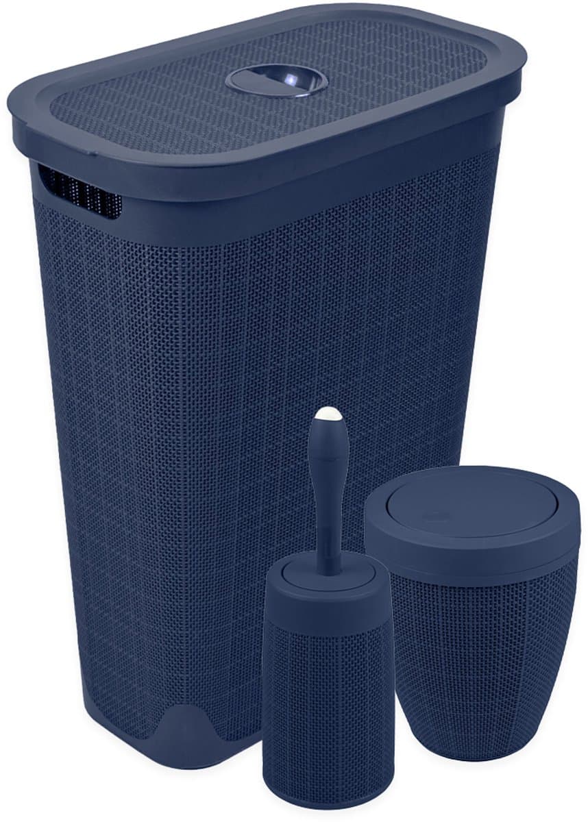 Wasmand 40 liter - Toiletborstel met doseersysteem - Prullenbak met swingdeksel - Set 'Hessian' - Donkerblauw — afbeelding 1