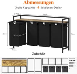 Wassorteerder - Met 4 Vakken, Opbergplank en Uittrekbare Zakken, 168L (4x 42L) - Voor Wasruimte, Badkamer en Slaapkamer - Zwart — thumbnail 5