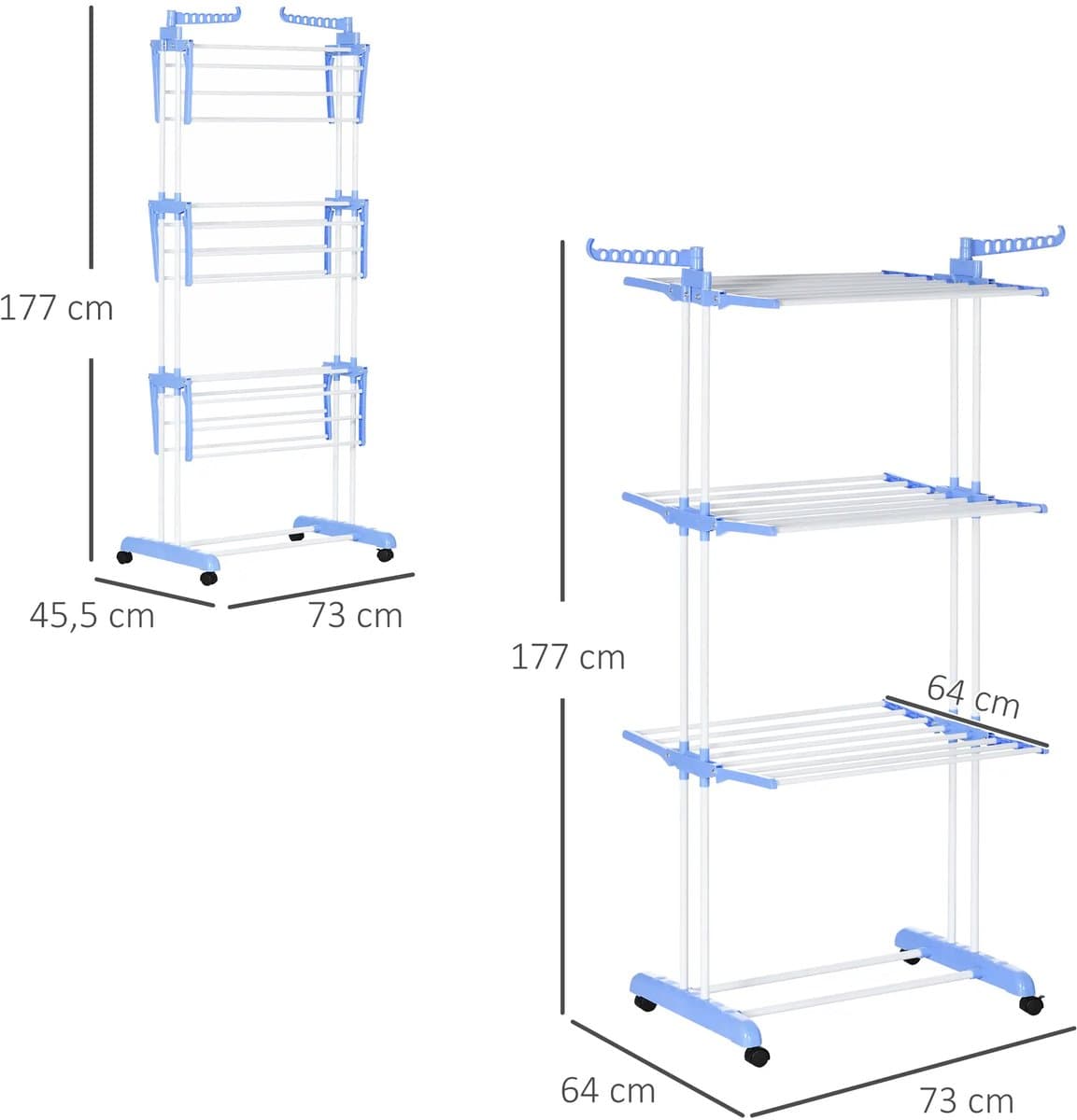 Pugsdrly Wasrek, 4 niveaus, inklapbaar, 4 wielen met 2 remmen, metalen frame, blauw + wit, 73 x 64 x 177 cm — afbeelding 1