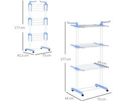 Pugsdrly Wasrek, 4 niveaus, inklapbaar, 4 wielen met 2 remmen, metalen frame, blauw + wit, 73 x 64 x 177 cm