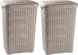 Plasticforte Wasmand met deksel - 60 liter - taupe - rotan - kunststof - L35 x B43 x H62 cm — thumbnail 2