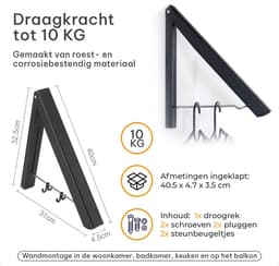 Milano Luxurious inklapbaar droogrek – Garderobehouder – Wasrek inklapbaar – Kledinghanger wandmontage – stevige kledinghaak inklapbaar – Wanddroogrek – Inklapbaar droogrek – Zwart – 40.5 x 33 x 31 cm — thumbnail 5