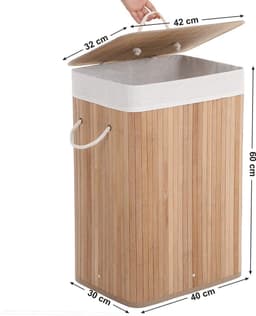 Bamboe wasmand met katoenen zak, handvaten en deksel, 72 liter- afm. 40 x 30 x 60 cm — thumbnail 2
