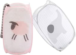 2 Stukken Vuile Kledingmand - Mesh Pop Up Wasmanden - Opvouwbare wasmand - 30x50cm - Speelgoedmand Kinderen - Wasbox Opvouwbaar - Laundry basket - Wasmanden - Opbergmand voor Badkamer - Waszak (roze, grijs) — thumbnail 1