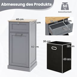 COSTWAY Waskast met wasmand, wasverzamelaar met lade, tafelblad van bamboe, badkamerkast, badkamerkast voor badkamer, bijkeuken, 40 x 37 x 82 cm (grijs) — thumbnail 2