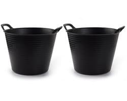 Plasticforte flexibele emmer/kuip - 2x - zwart - kunststof - rond - 25 liter - 42 x 38 x 33 cm - wasmanden - tuinafval - speelgoed