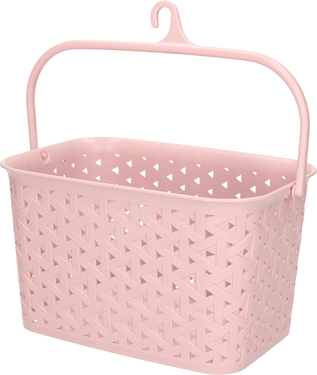 Plasticforte Wasknijpers ophang mandje aan haak - 23 x 17 x 13 cm - roze - gevlochten kunststof — afbeelding 1