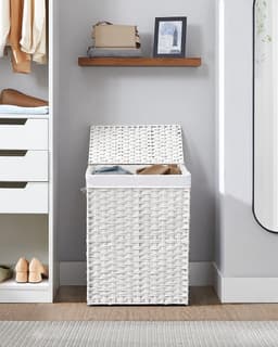 Wasmand met deksel, wasverzamelaar, 90 liter, 2 vakken, uitneembare waszak met handgrepen, handgevlochten, voor slaapkamer, badkamer, 33 x 46 x 60 cm, wit, LCB251W01V1 — thumbnail 2