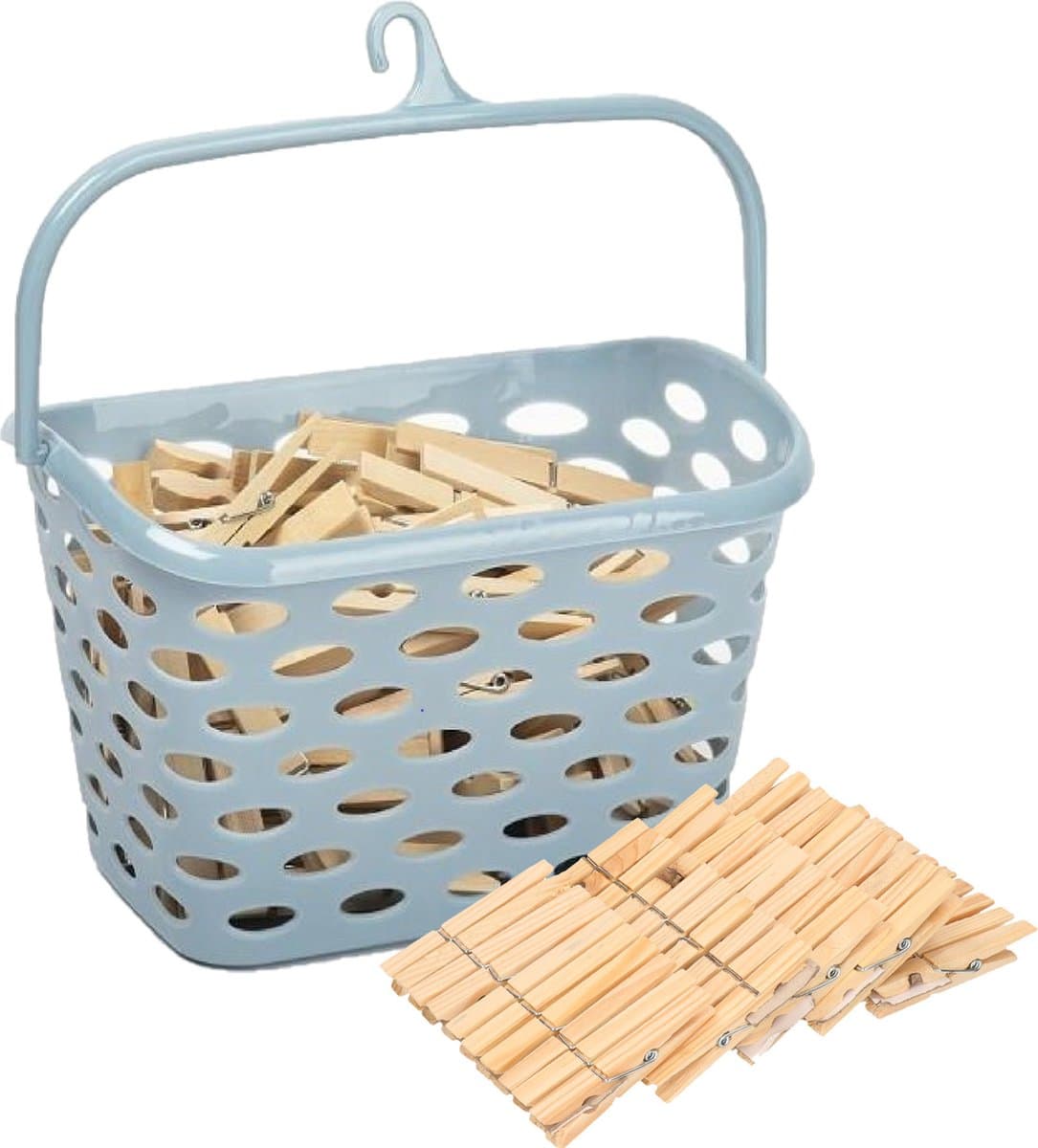 Wasknijpersmandje met haak - ijsblauw - en 100x houten wasknijpers 7 cm - was ophangen — afbeelding 1