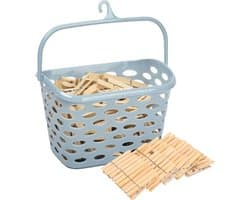 Wasknijpersmandje met haak - ijsblauw - en 100x houten wasknijpers 7 cm - was ophangen