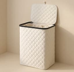 MAZAZU Wasmand met Deksel - 100 Liter - Uitneembare Binnenzak - Bamboe Frame - Crème Wit - Opvouwbare Wasbox - 44x33x69 cm — thumbnail 1