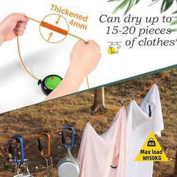 Uittrekbare Waslijn, Antislip Draagbare Waslijn, Reiswaslijn 10m, 10 Vasthoudlussen en 20 Knijpers, voor Buitenlucht Kamperen Reis Accessoires (Groen-B) — thumbnail 5
