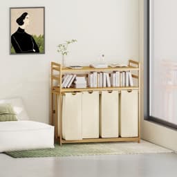 TIM® Wasmand 4 Vakken - Wassorteerder - Waszak - Bamboe Frame - Beige - 104cm x 42cm x 100cm — thumbnail 4