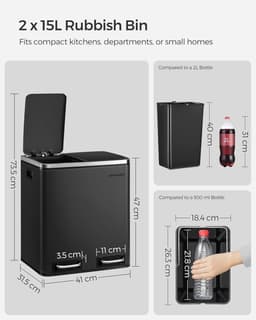 SONGMICS Afvalemmer voor de keuken, 30L, afvalscheiding, metalen afvalemmer, pedaalemmer met binnenbakken en handgrepen, afvalscheidingssysteem, 2 x 15 liter, softclose, luchtdicht, zwart LTB30BK — thumbnail 2