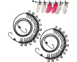 Draagbare Waslijn - Met Wasknijpers - Winddichte Reiswaslijn – uitbreidbaar en instelbaar - Elastisch – camper accessoires - voor binnen en buiten - Zwart - 2 stuks