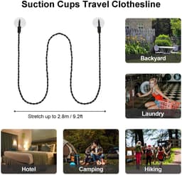 REWYTAZ,waslijnen met zuignappen, reiswaslijn, draagbare uitschuifbare waslijn, windbestendige waslijn, accessoire voor kamperen binnen en buiten, 1,2 meter — thumbnail 2