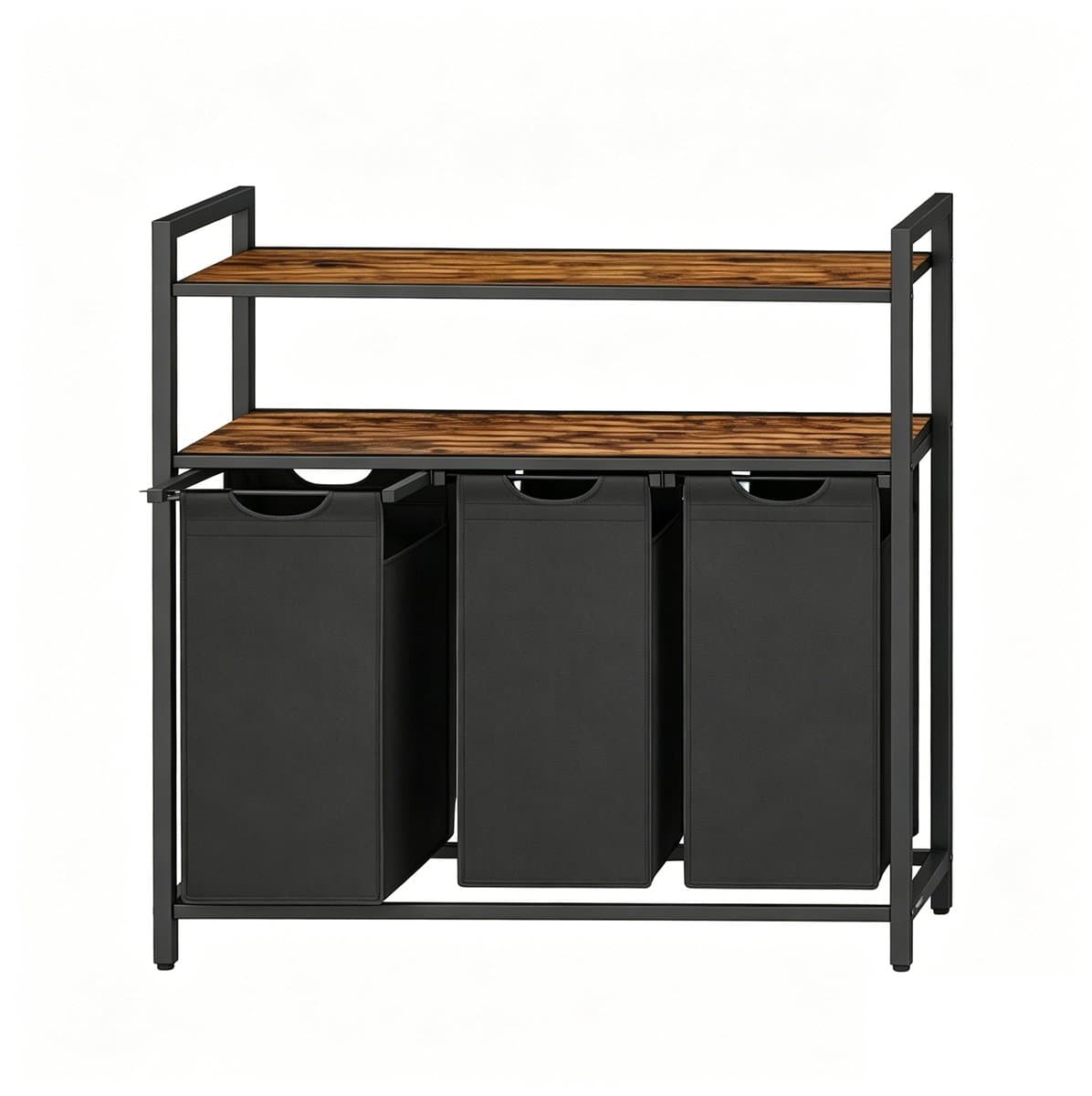 Wasmand met 3 vakken wasrek voor vuile was 92.5 x 33 x 92 cm bruin + zwart met 3 uitneembare en afneembare 40L binnenzakken en 2-laags opbergplanken stevig en duurzaam metalen frame eenvoudig te monteren en te reinigen geschikt voor badkamer — afbeelding 1